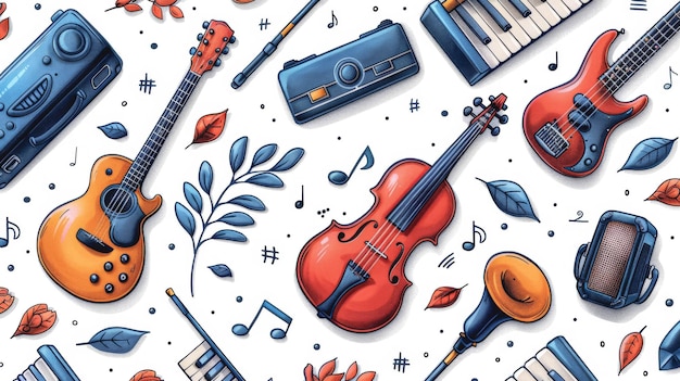 Background with musical instruments drawn in watercolor on a white background