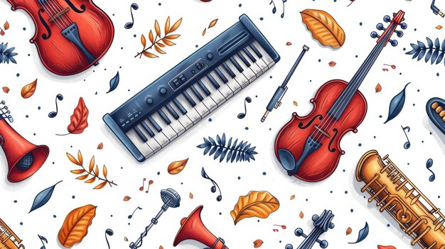 Background with musical instruments drawn in watercolor on a white background