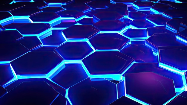 Background with neon blue hexagons arranged in a honeycomb pattern with a glitch effect and digital