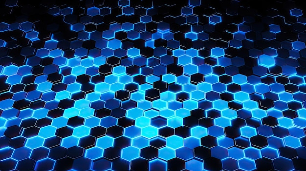 Background with neon blue squares arranged in a honeycomb pattern with a glitch effect and digital