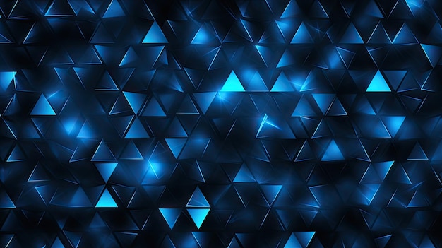 왜곡 효과와 반사를 사용하여 무작위로 배열된 네온 파란색 삼각형이 있는 배경