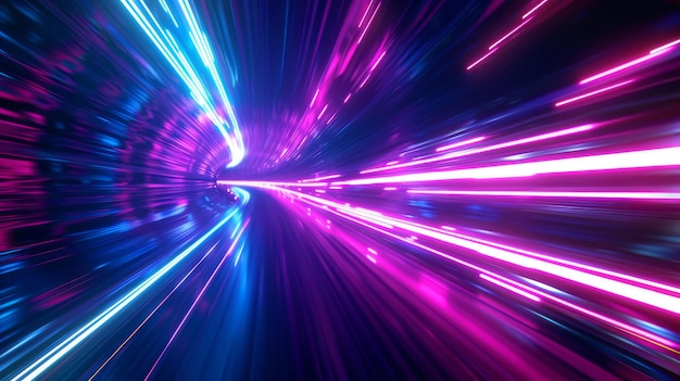 Background with neon light effect Purple and blue beams stretching into tunnel shape Concept of high speed