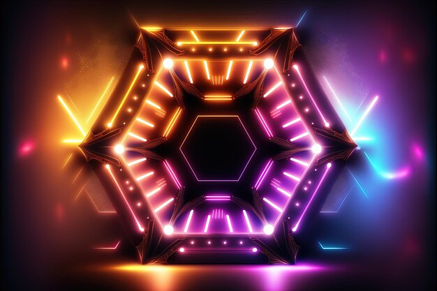 Background with neon lights in octagonal shape. AI digital illustration