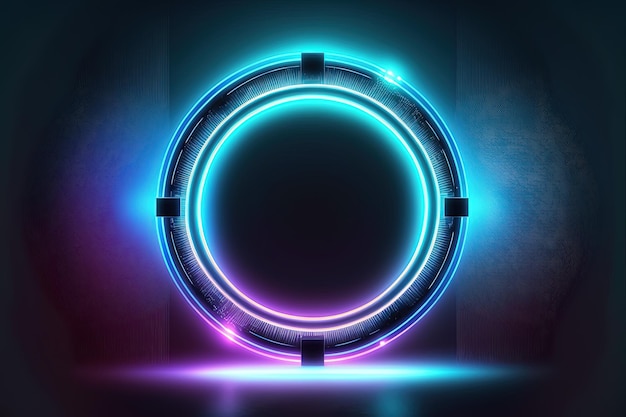 Background with neon lights in the shape of a circle. AI digital illustration