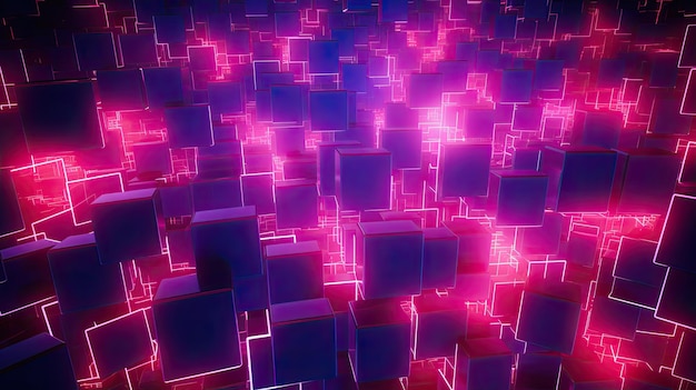 Background with neon pink squares arranged randomly with a 3d effect and particle system