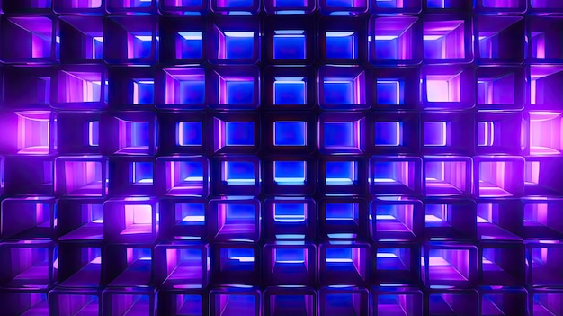 A background with neon purple squares arranged in a grid pattern with a distortion effect and a lens