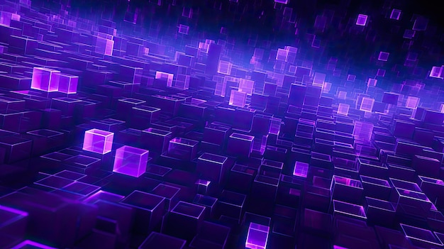 A background with neon purple squares arranged in a random pattern with a chromatic aberration