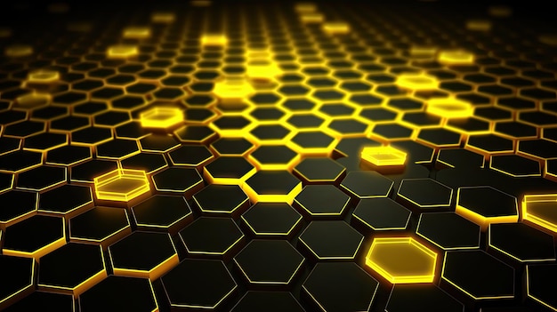 Background with neon yellow circles arranged in a honeycomb pattern with a 3d effect and particle