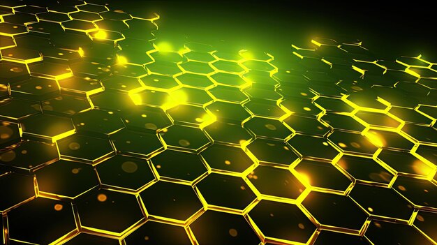 Background with neon yellow circles arranged in a honeycomb pattern with a 3d effect and particle