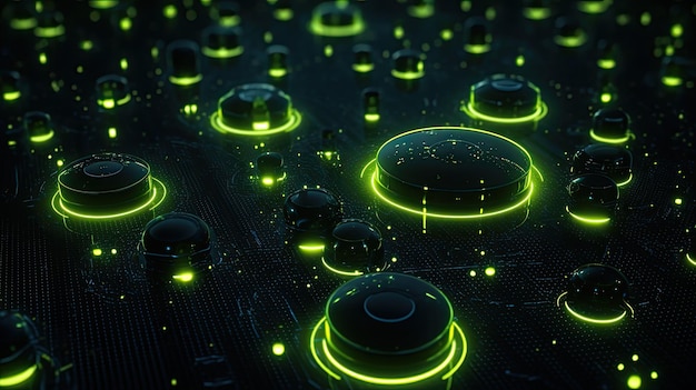 Photo background with neon yellow circles arranged randomly with a 3d effect and particle system