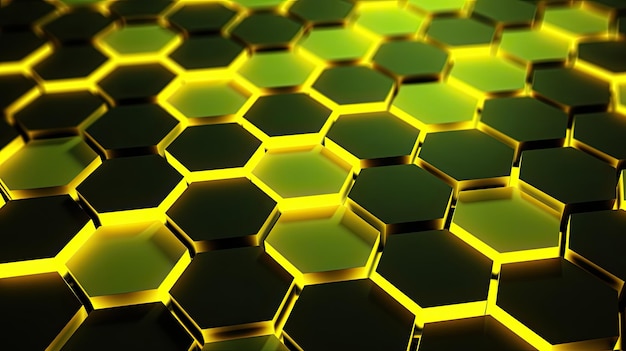 Background with neon yellow hexagons arranged in a repeating pattern with a 3d effect and parallax