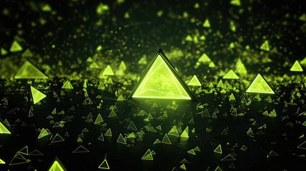 3D効果とパーティクルシステムを使用してランダムに配置されたネオンイエローの三角形の背景