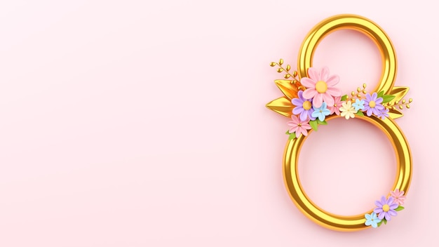 Background with number 8 and pastel flowers with gold for national women's day