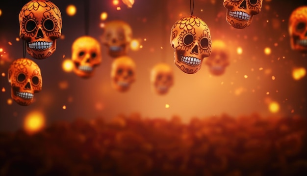 Background with orange mexican skulls and blurred bright lights