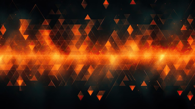 Photo background with orange triangles arranged in a diamond pattern with a glitch effect and digital