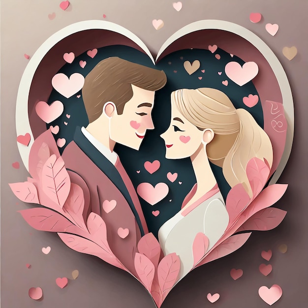 background with paper cut of a couple and pink hearts