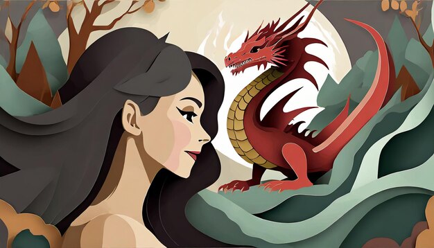 Photo background with paper cut of a woman and a dragon