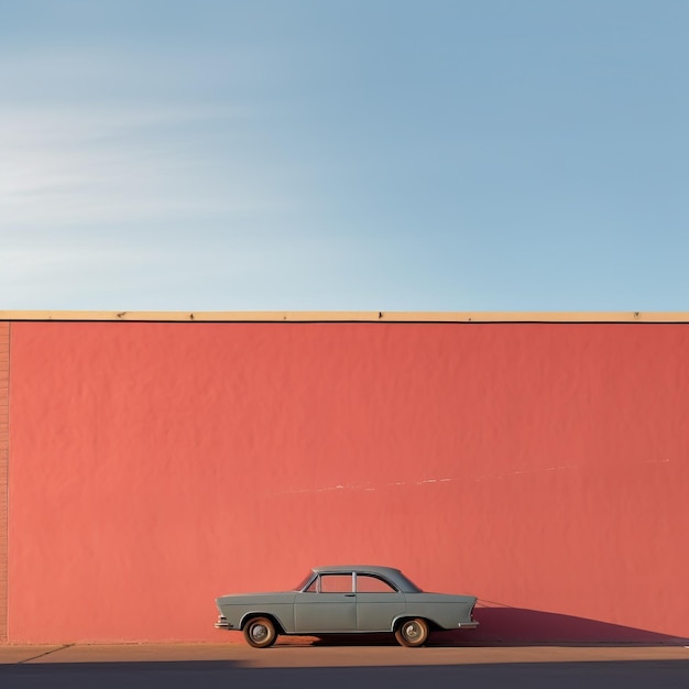 Background with parked cars beside pastel orange wall against blue sky backdrop wallpaper