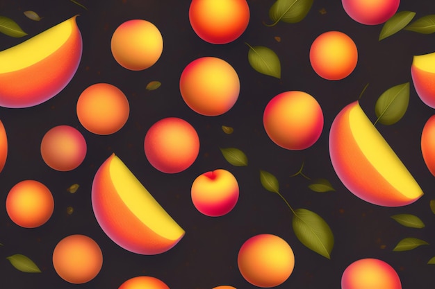 A background with a pattern of fruit and a slice of mango