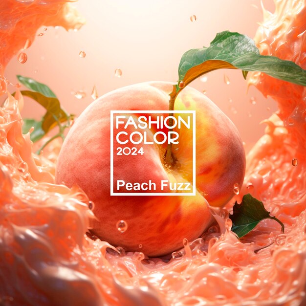 Foto sfondio con pesca e etichetta colore di moda dell'anno 2024 banner per articolo e design