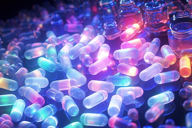 Фон с таблетками и капсулами неонового синего и фиолетового цветов. Концепция медицинских препаратов или пищевых добавок Сгенерированный ИИ