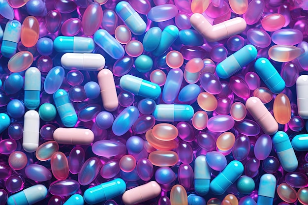 Photo background with pills and capsules in neon blue and purple colors medical drug or dietary supplement concept generated ai