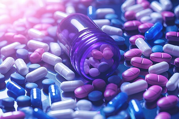 Photo background with pills and capsules in neon blue and purple colors medical drug or dietary supplement concept