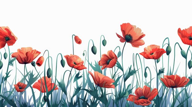 Background with poppies and red flowers on white