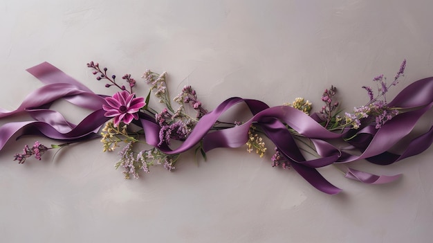 Background with purple ribbon and tulip flowers on a gray concrete background Celebrating International Womens Day
