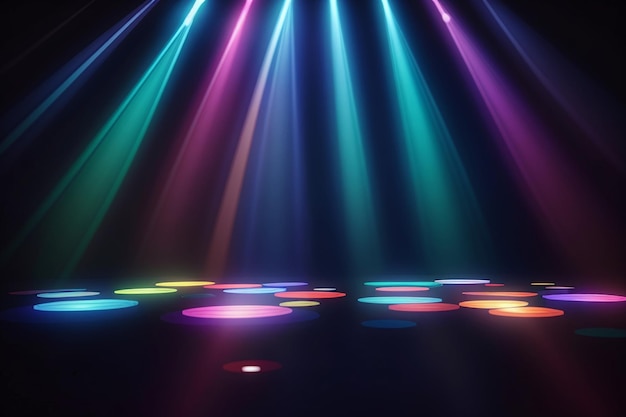 Background with rays of light from the colored spotlights Bright lighting with coloring spotlights projector Shined scene illumination effects on dark backdrop