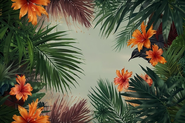 Background with realistic palm leaves and flowers ar c v