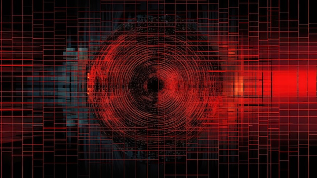 グリッチ効果とデジタル歪みのあるグリッド パターンに配置された赤い円の背景