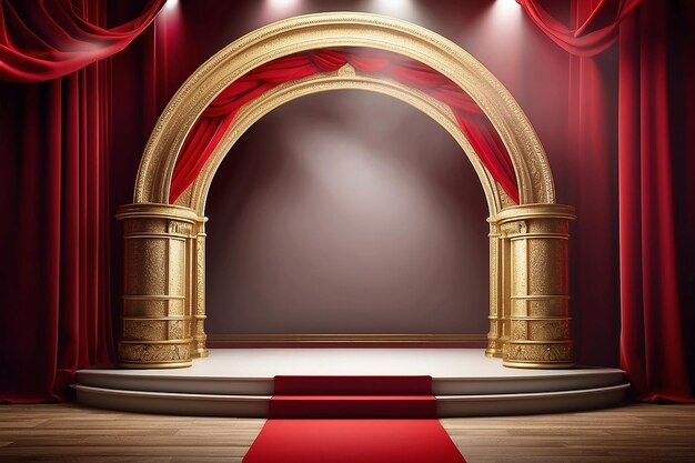 Background with red curtain podium and retro arch banner