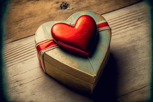 Background with a red holiday gift and a heart on a wooden surface