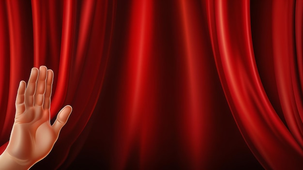 Background with red velvet curtain and handvector