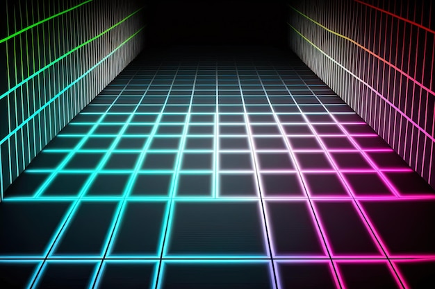 Photo background with retro neon perspective grid on floor