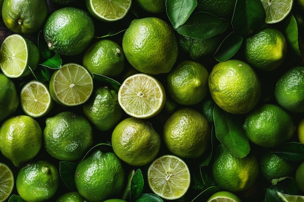 Background with ripe green limes Tropical fresh and fragrant citruses