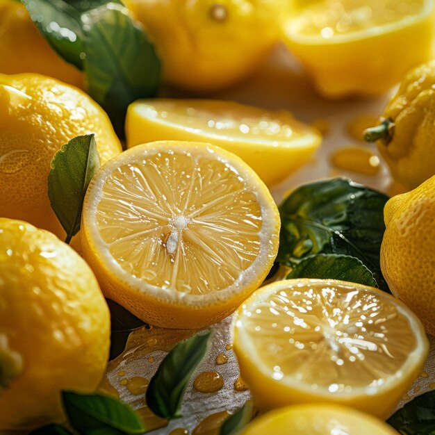 Foto sfondio con limoni e foglie gialle mature agrumi freschi e profumati