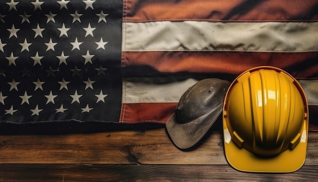 Background with safety helmet and american flag