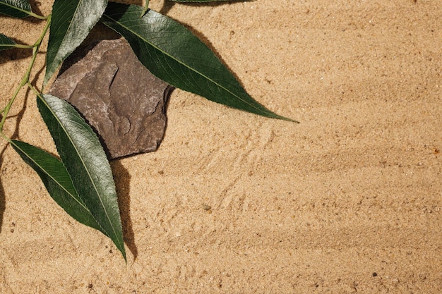 background with sand for cosmetic product presentation. Podium for the demonstration of cosmetic