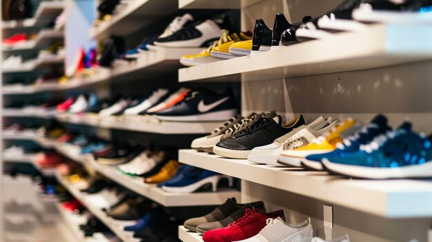 Background with shoes on shelves of shop