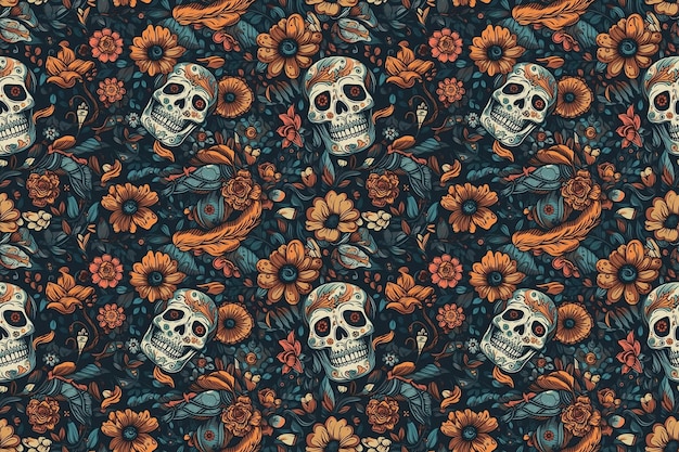 Background with skulls and flowers Seamless pattern Generative AI illustration