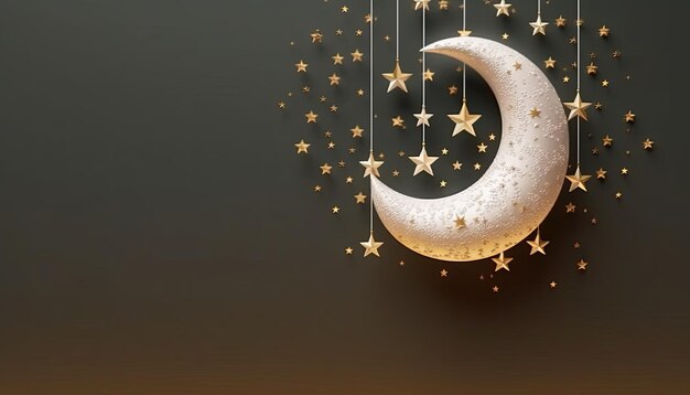 background with stars illuminated white crescent moon with star hanging from it islamic ultra rea