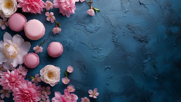 Background with sweets flowers as decoration top view with copy space