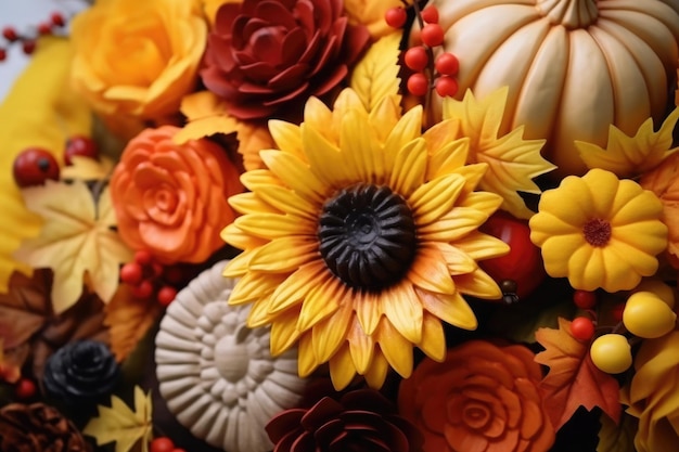 Background with thanksgiving decorating Pumpkins with fruits flowers vegetables leaves AI generated