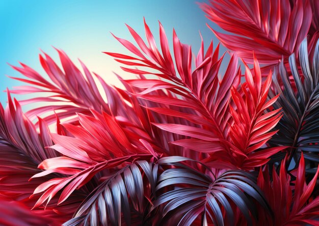 Background with tinted pink palm leaves on blue background