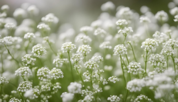 작은 흰색 꽃 gypsophila faniculata가 흐릿한 선택적 초점이 있는 배경