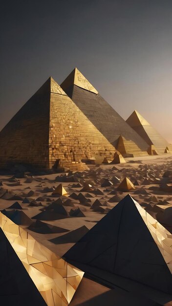 Foto sfondo con forme geometriche triangolari piramidi in tonalità scure con accenti dorati rendering 3d