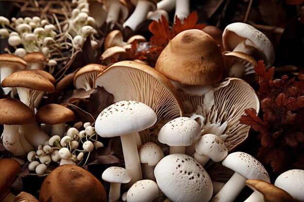 写真 様々な種類の食用キノコの背景