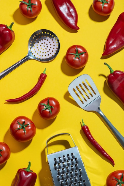 Background with vegetables and kitchen tools on a yellow table Ingredients Food preparation